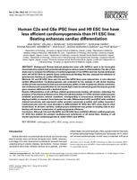 Human C2a and C6a iPSC lines and H9 ESC line have less efficient cardiomyogenesis than H1 ESC line: Beating enhances cardiac differentiation